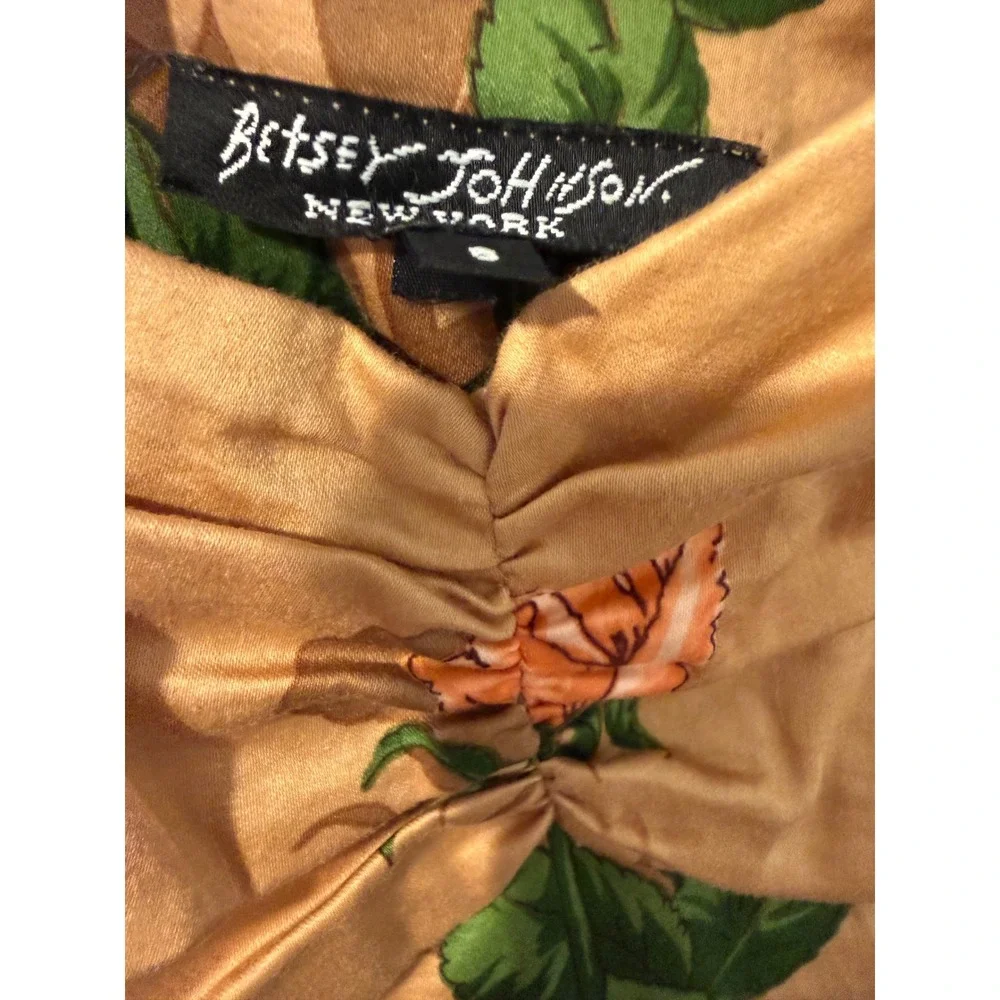 Vintage Betsey Johnson New York Rose Print Velvet Strap Dress Tan Green Size 8 - Picture 5 of 6